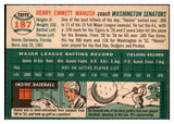 1954 Topps Baseball #187 Heinie Manush Senators EX+/EX-MT 520375