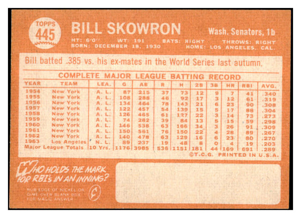 1964 Topps Baseball #445 Bill Skowron White Sox EX-MT 520553