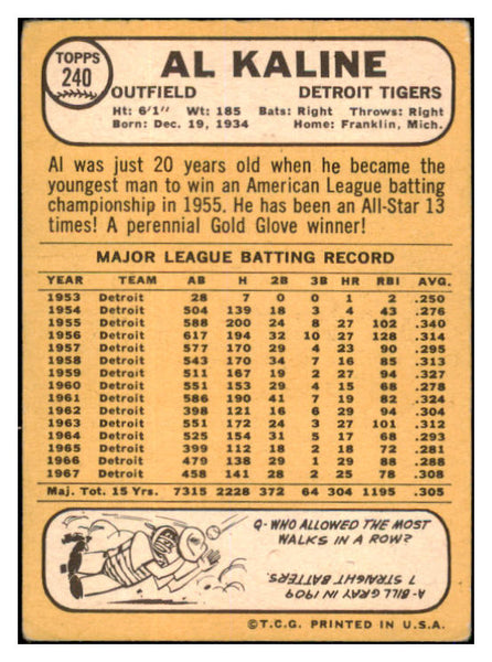 1968 Topps Baseball #240 Al Kaline Tigers VG 520766