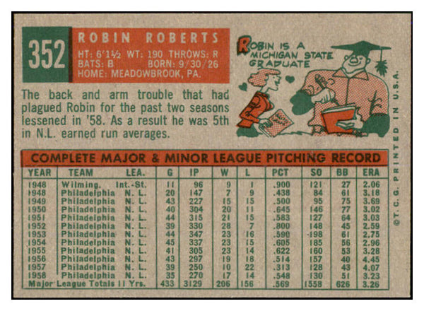 1959 Topps Baseball #352 Robin Roberts Phillies NR-MT 520877