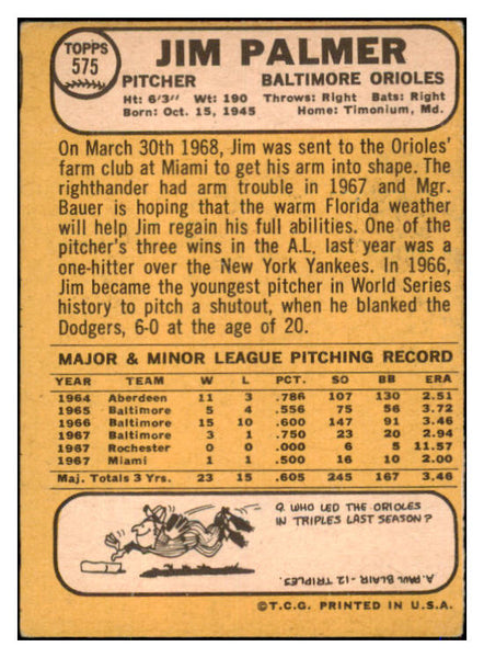 1968 Topps Baseball #575 Jim Palmer Orioles VG-EX 520985