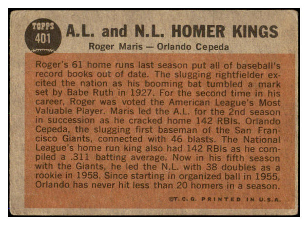 1962 Topps Baseball #410 Roger Maris Orlando Cepeda VG 521067