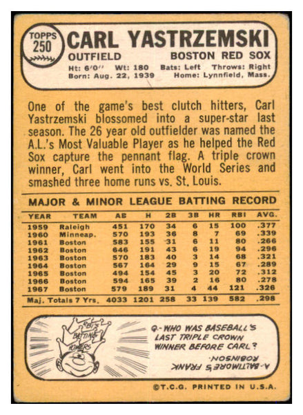 1968 Topps Baseball #250 Carl Yastrzemski Red Sox VG 521093