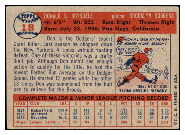 1957 Topps Baseball #018 Don Drysdale Dodgers VG-EX 521127