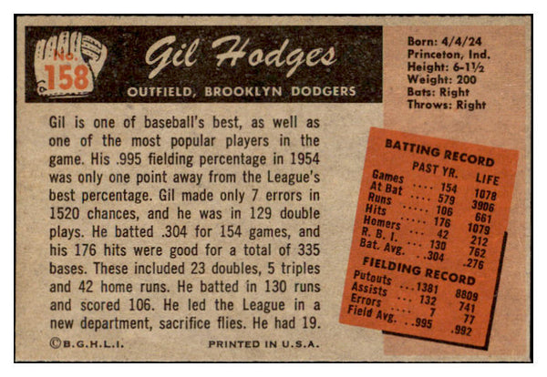 1955 Bowman Baseball #158 Gil Hodges Dodgers EX-MT 521467