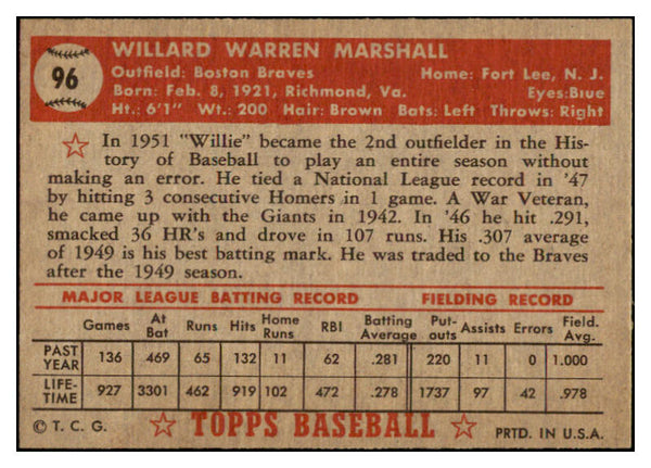 1952 Topps Baseball #096 Willard Marshall Braves NR-MT 521496