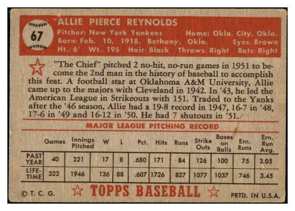 1952 Topps Baseball #067 Allie Reynolds Yankees VG-EX Red 521521