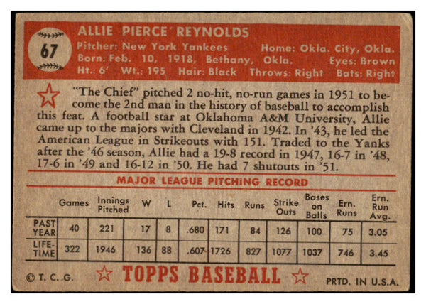 1952 Topps Baseball #067 Allie Reynolds Yankees VG-EX Red 521639