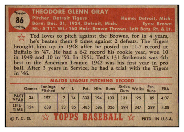 1952 Topps Baseball #086 Ted Gray Tigers EX-MT 521662