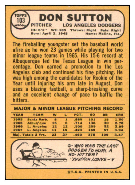 1968 Topps Baseball #103 Don Sutton Dodgers NR-MT 521713