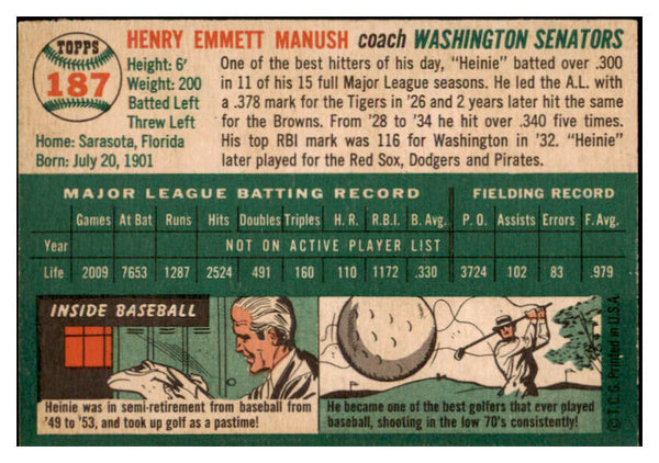 1954 Topps Baseball #187 Heinie Manush Senators EX-MT 522016