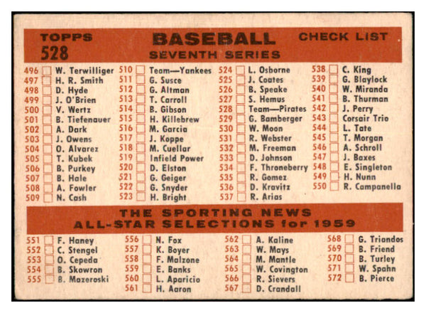 1959 Topps Baseball #528 Pittsburgh Pirates Team EX 522149