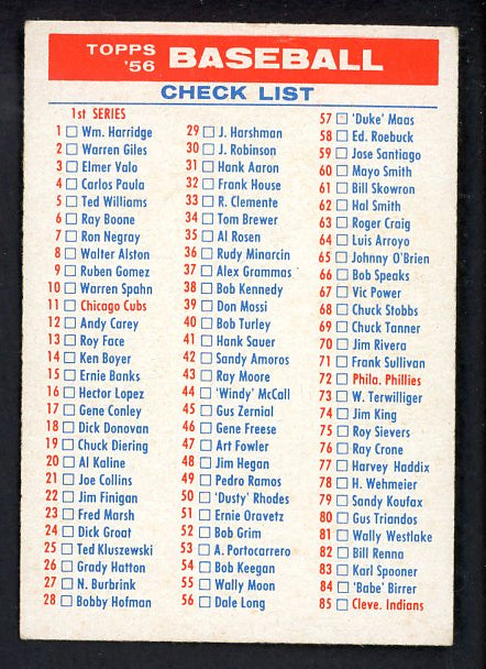 1956 Topps Baseball Checklist 1/3 EX-MT Unmarked 522596