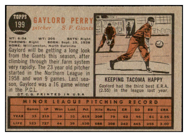 1962 Topps Baseball #199 Gaylord Perry Giants VG-EX 522648