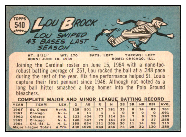 1965 Topps Baseball #540 Lou Brock Cardinals VG-EX 522674