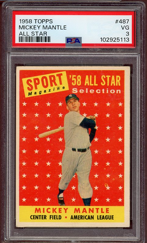 1958 Topps Baseball #487 Mickey Mantle A.S. Yankees PSA 3 VG 522840