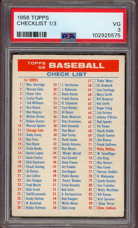 1956 Topps Baseball Checklist 1/3 PSA 3 VG 522856