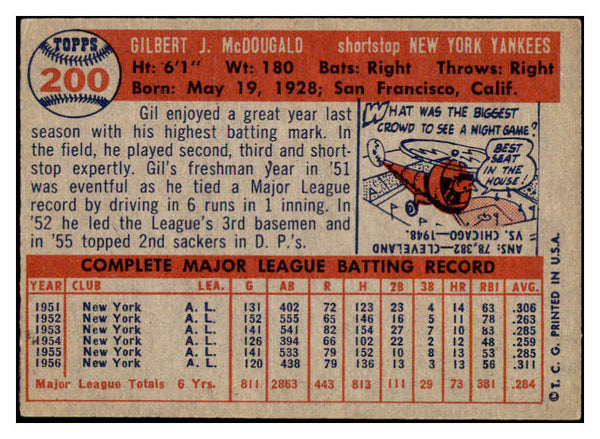 1957 Topps Baseball #200 Gil McDougald Yankees EX 523779