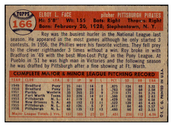 1957 Topps Baseball #166 Roy Face Pirates EX-MT 523780