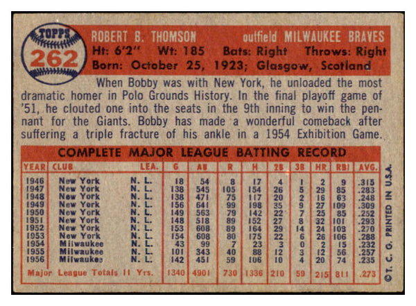 1957 Topps Baseball #262 Bobby Thomson Braves EX 523796