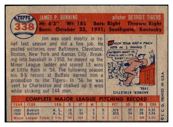 1957 Topps Baseball #338 Jim Bunning Tigers EX 523799