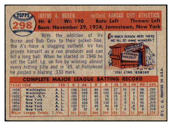 1957 Topps Baseball #298 Irv Noren A's EX-MT 523872