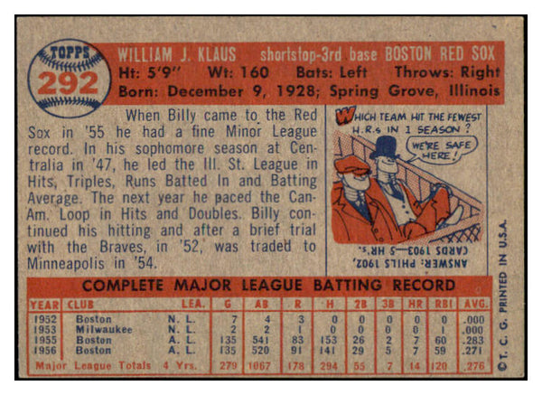 1957 Topps Baseball #292 Billy Klaus Red Sox EX-MT 523882