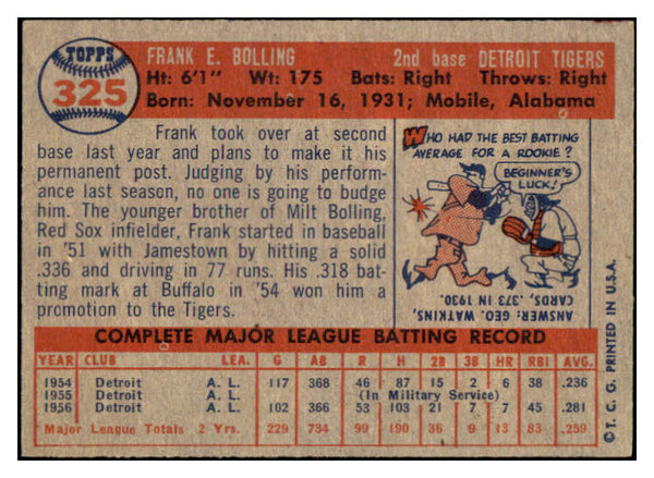 1957 Topps Baseball #325 Frank Bolling Tigers EX-MT 523884