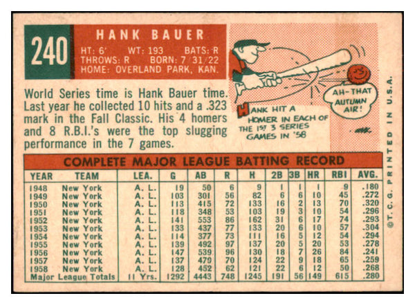 1959 Topps Baseball #240 Hank Bauer Yankees EX-MT 524304
