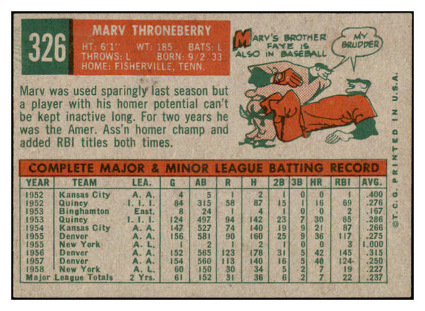 1959 Topps Baseball #326 Marv Throneberry Yankees EX-MT 524315