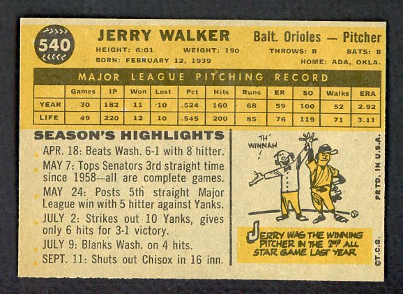 1960 Topps Baseball #540 Jerry Walker Orioles EX-MT 524433