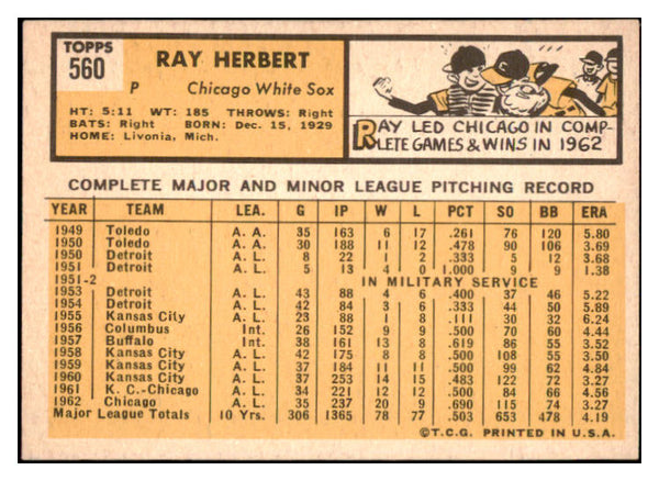 1963 Topps Baseball #560 Ray Herbert White Sox EX-MT 524564
