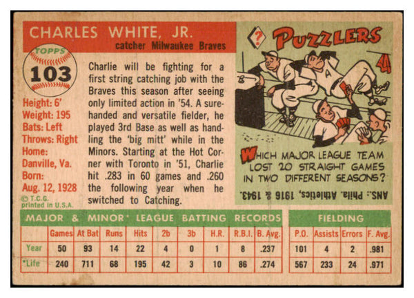 1955 Topps Baseball #103 Charlie White Braves NR-MT 524665