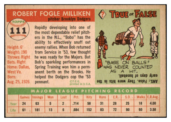 1955 Topps Baseball #111 Bob Milliken Dodgers NR-MT 524671