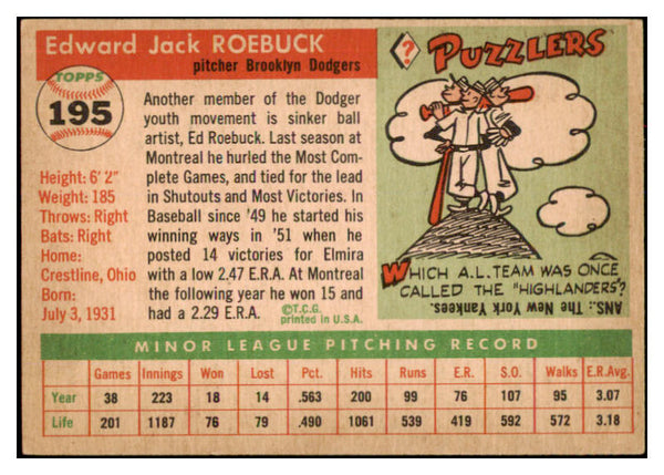 1955 Topps Baseball #195 Ed Roebuck Dodgers EX-MT 524775