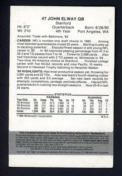 1986 McDonalds #007 John Elway Broncos VG-EX 524815