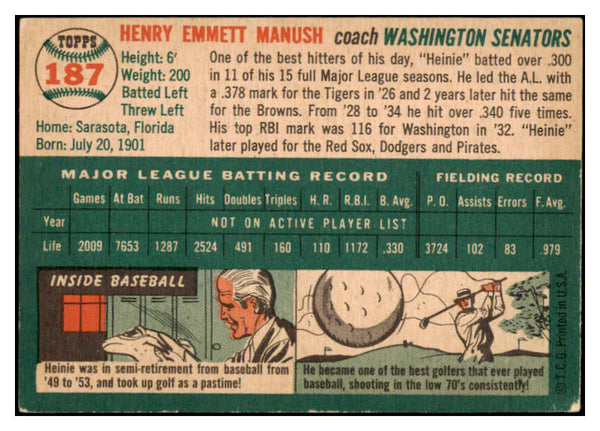 1954 Topps Baseball #187 Heinie Manush Senators VG 524832