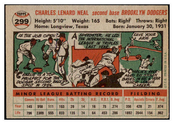 1956 Topps Baseball #299 Charlie Neal Dodgers EX 524893