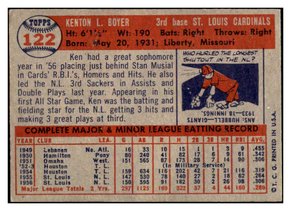 1957 Topps Baseball #122 Ken Boyer Cardinals EX 524945