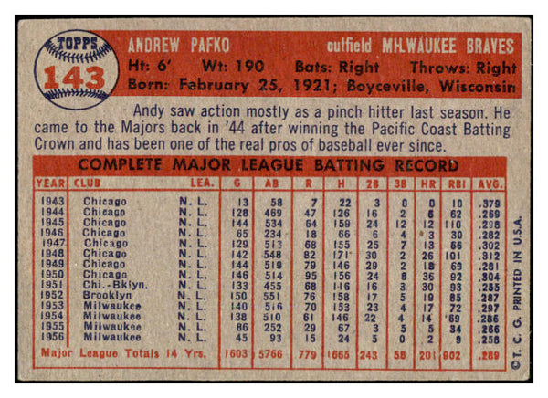 1957 Topps Baseball #143 Andy Pafko Braves VG-EX 524954