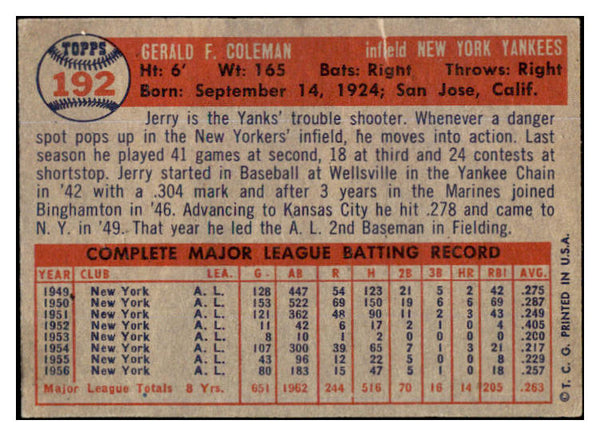 1957 Topps Baseball #192 Jerry Coleman Yankees EX 524968