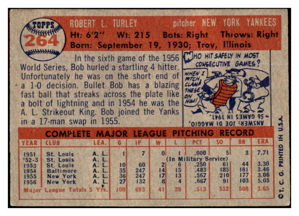 1957 Topps Baseball #264 Bob Turley Yankees EX 524972