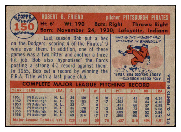 1957 Topps Baseball #150 Bob Friend Pirates EX 524974