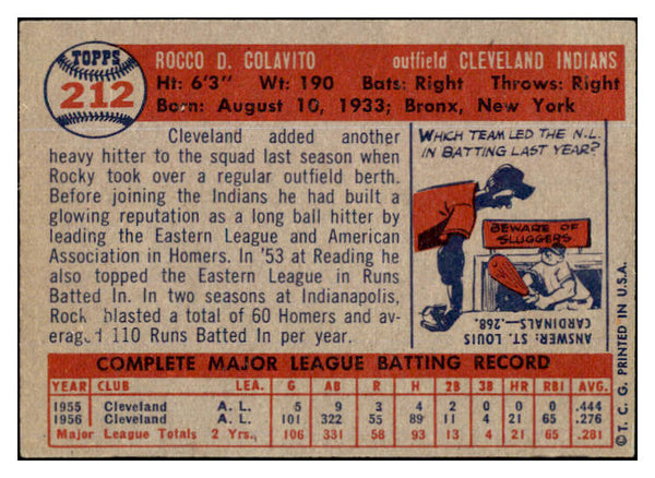 1957 Topps Baseball #212 Rocky Colavito Indians EX 524980