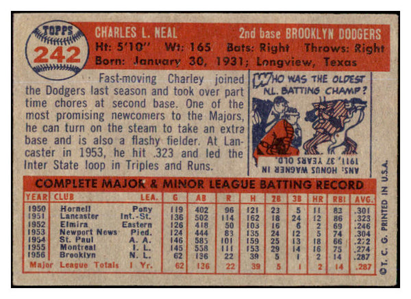 1957 Topps Baseball #242 Charlie Neal Dodgers EX 524982