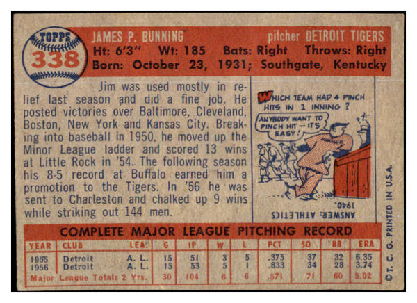 1957 Topps Baseball #338 Jim Bunning Tigers EX 524983