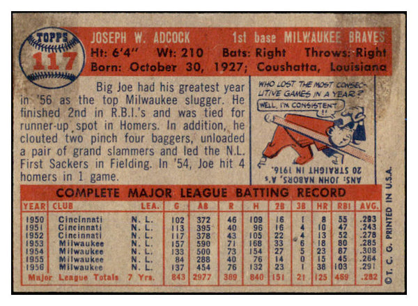 1957 Topps Baseball #117 Joe Adcock Braves VG-EX 524985