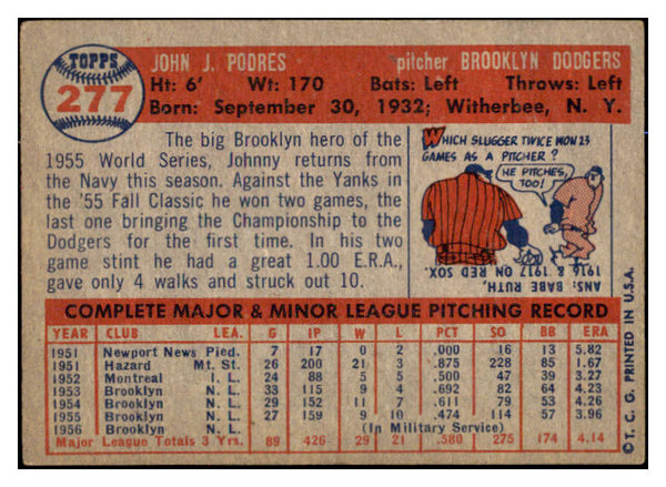 1957 Topps Baseball #277 Johnny Podres Dodgers EX+/EX-MT 524993