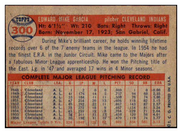 1957 Topps Baseball #300 Mike Garcia Indians VG-EX 525025