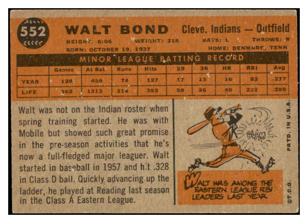 1960 Topps Baseball #552 Walt Bond Indians VG-EX 525101